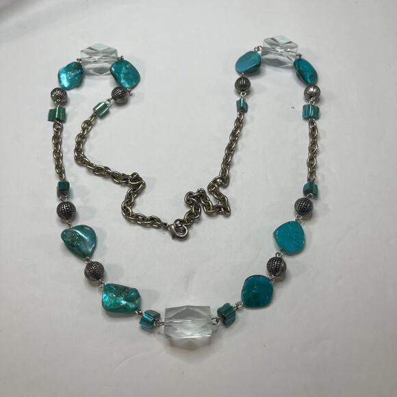 silver tone beaded necklace faux dyed mother of pearl MOP blue turquoise teal - Picture 4 of 12